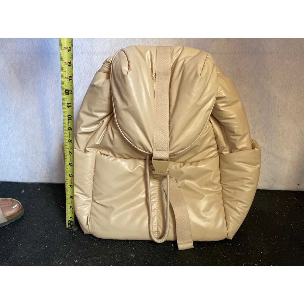 BEIS Puffy Cargo Backpack Beige Tan Quilted Lightweight Travel Bag Buckle Clasp